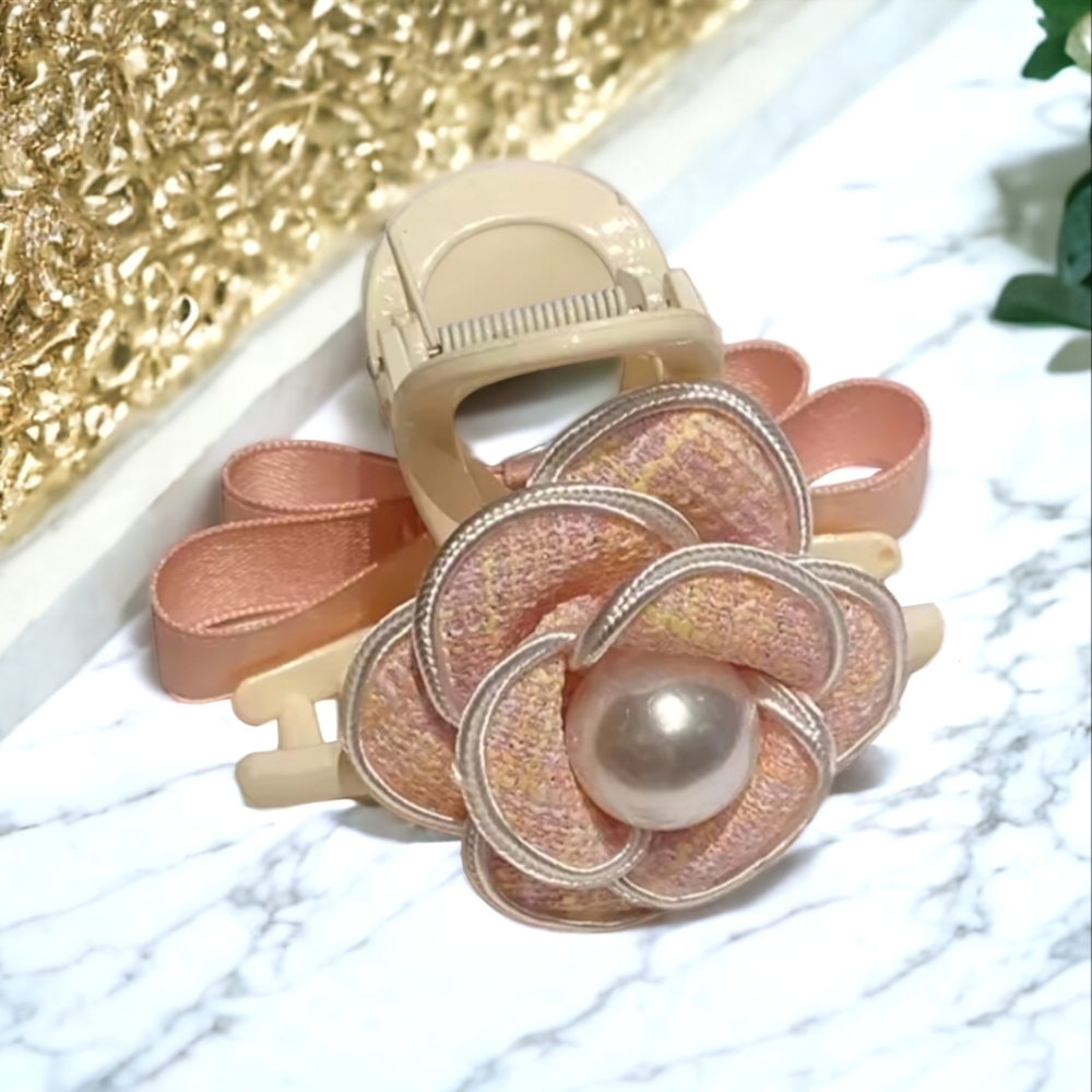 New Luxury Pink Tweed Camellia Pearl Bow Hair Claw Clip